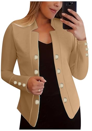 EFOFEI Damen Kerbe Revers Arbeit Büro Blazer Slim Fit Langarm Knopf Blazer Slim Business Strickjacke Khaki XL von EFOFEI