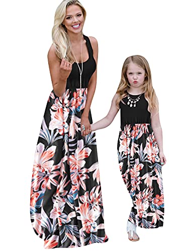 EFOFEI Damen Kinder Mädchen Floral Kleid Beiläufig Boho Ärmelloses Splice Strandkleid Mutter Und Tochter Maxilangkleid Schwarze Blumen 1-2 Jahre von EFOFEI