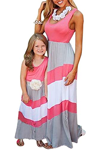 EFOFEI Damen Kinder Mädchen Floral Kleid Mädchen Langarm Boho Gestreiften Print Kleid Beiläufig Boho Ärmelloses Splice Strandkleid Rosa+Grau 3-4 Jahre von EFOFEI