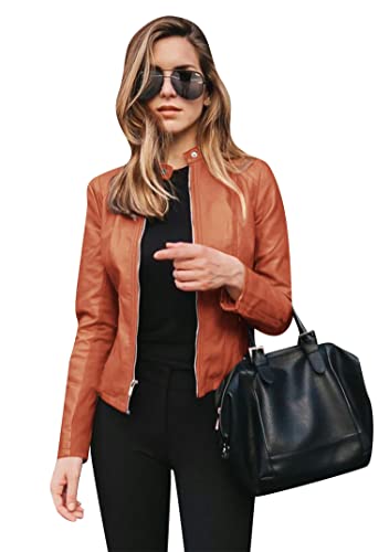 EFOFEI Damen Klassischer PU Kurzmantel Kurze Winddichte Lederjacke Oberbekleidung Aus Kunstleder Mit Reißverschluss Mäntel Mit Schmalem Revers Orange XL von EFOFEI