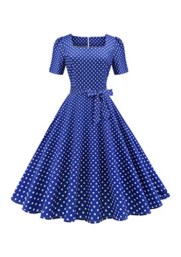 EFOFEI Damen Kleid Im Stil Von Audrey Hepburn Vintage Rockabilly Kleid Dot Kleid Mit Quadratischem Kragen Cocktail Party Abendkleid Blau M von EFOFEI