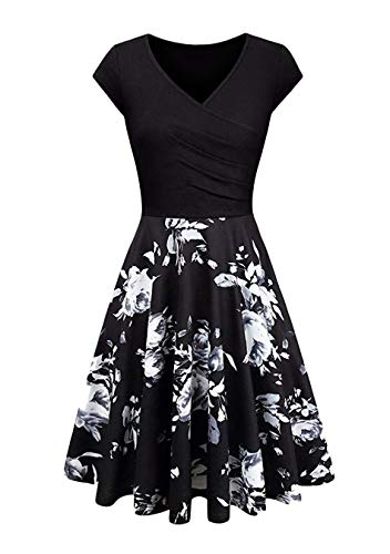 EFOFEI Damen Kleid Knielanges Kleid Blumenkleid V-Ausschnitt Kleid Schwarz S von EFOFEI