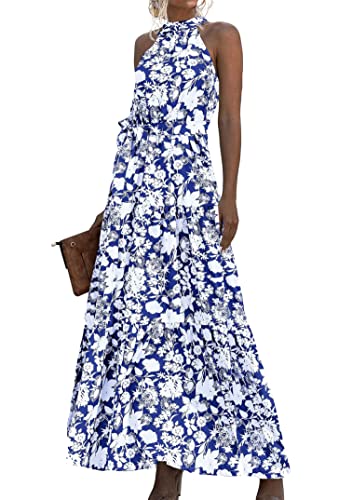 EFOFEI Damen Kleid Mit Fliege An Der Taille Strandurlaub Hochzeitskleid Sexy Lässiges Date Kleid Schulterfreies Elegantes Kleid Blume Blau L von EFOFEI