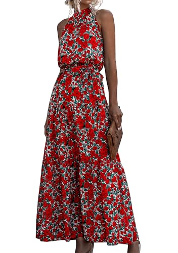 EFOFEI Damen Kleid Mit Hohem Halsausschnitt Ärmelloses Langes Sommerkleid Schulterfreies Elegantes Kleid Einfarbiges Swing Kleid Blume Rot 3XL von EFOFEI