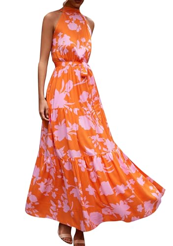 EFOFEI Damen Kleid Mit Hohem Halsausschnitt Neckholder Maxi Abendkleid Gepunktetes Blumenkleid Ärmelloses Langes Sommerkleid Blume Orange L von EFOFEI