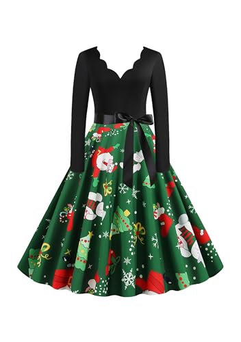 EFOFEI Damen Petticoat Lange Ärmel Ballkleid Cocktail Partykleid Polka Dot Vintage Retro Kleid Grün 3XL von EFOFEI