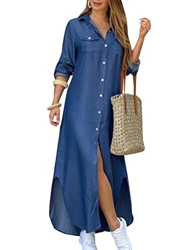 EFOFEI Damen Kleid mit Reverskragen und Kettendruck Lässiges Herbst Hemdkleid Jeanskleid mit aufrollbaren Ärmeln Shirtkleid Maxi Strandkleid Denim Blue XL von EFOFEI