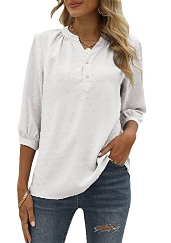 EFOFEI Damen Knopf Chiffon Hemd Gepunktete Hemdbluse Hohle Sommertops Leichtes Atmungsaktives Oberteil Weiß XXL von EFOFEI