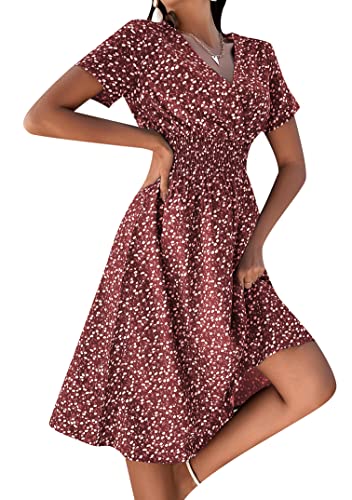 EFOFEI Damen Knopf Polka Dots Kleid Fließendes Dünn Kleid Kurzarm Retro Knielang Kleid High Waist Midi Hemdkleid Zweig Weinrot L von EFOFEI