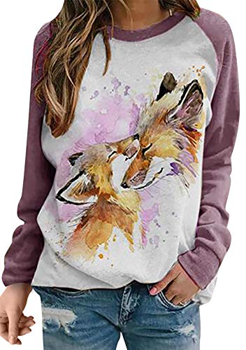 EFOFEI Damen Krawattenpullover Farbige Bluse Ostern Übergröße Bedruckter Pullover Rundhalsausschnitt Sweatshirt Langarm Pullover Fuchs 3XL von EFOFEI