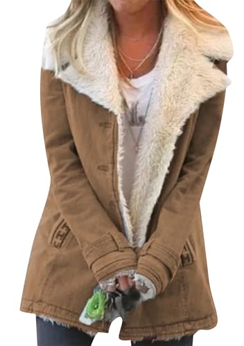 EFOFEI Damen Kunstwildleder Revers Warme Jacke Winddicht Verdickte Einfarbige Jacke Braun 3XL von EFOFEI