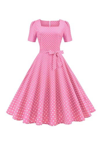EFOFEI Damen Kurzärmliges TupfenKleid Mit Empire Taille Und Gürtel Kleid Im Stil Von Audrey Hepburn A Linie Swing Midikleid Rosa S von EFOFEI