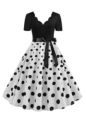 EFOFEI Damen Kurzarm Cocktailkleid mit Gürtel Hepburn Cocktailkleid Rockabilly Vintage Retro Rockabilly Kleider Weiß M von EFOFEI