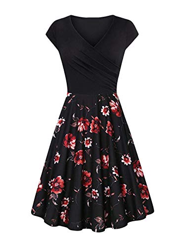 EFOFEI Damen Kurzarm Kleid Formales Blumenkleid Bedrucktes Kleid Schwarz 3XL von EFOFEI