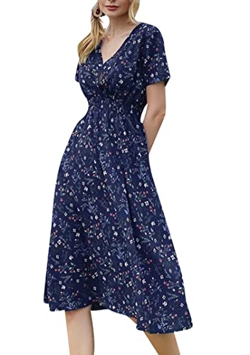 EFOFEI Damen Kurzarm Lose Kleid Boho Bedrucktes Swing Kleid Elegantes Kleid Mit Hoher Taille Kurzarm Retro Knielang Kleid Dunkelblau M von EFOFEI