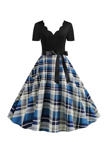 EFOFEI Damen Kurzarm Vintage Retro Cocktailkleid Kurzarm Cocktailkleid mit Gürtel Kleide Weihnachten Kleider Blau L von EFOFEI
