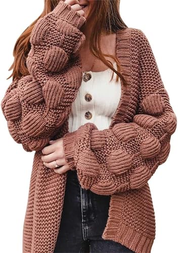EFOFEI Damen Lässige Arbeits-Pullover Pom Pom Offene Front Gestrickte Jacke Langer Cardigan Obermantel Camel L von EFOFEI