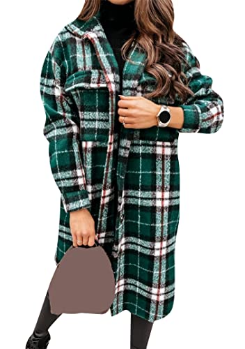 EFOFEI Damen Lässige Karobluse Button Down Tops Lumberjack Trenchcoat Winter Lange Jacke Boyfriend Karierte Tunika Grün Kariert XS von EFOFEI