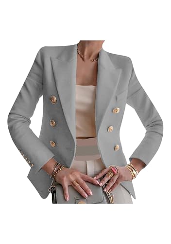 EFOFEI Damen Lässiger Arbeits Blazer Revers Open Front Strickjacke Gold Knopf Jacke Anzug Grau XS von EFOFEI