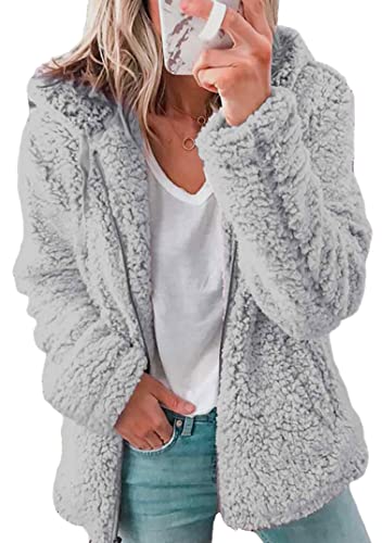 EFOFEI Damen Lässiger Kapuzenmantel Aus Fleece Einfarbig Warm Stilvoll Zip Pullover Winter Warmer Weicher Teddy Kapuzenpulli Hellgrau M von EFOFEI