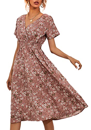 EFOFEI Damen Lässiges Frühlingskleid Für Den Tag Boho Bedrucktes Swing Kleid Rüschen Strandkleid Cocktailkleid Elegant V-Ausschnitt Maxikleid Rosa S von EFOFEI