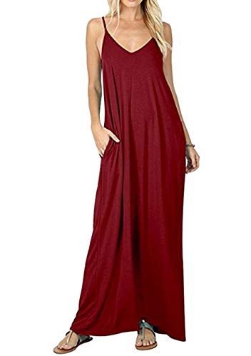 EFOFEI Damen Lässiges Langkleid Strandkleid Plain Tank Maxikleid mit Taschen Wine Red L von EFOFEI