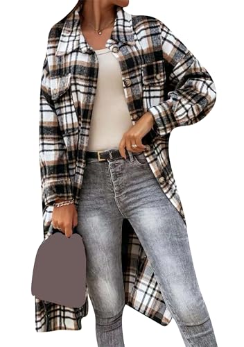 EFOFEI Damen Lang Flanell Plaid Jacke Herbst Winter Mitte Länge Outwear Langarm Mantel mit Taschen Kaffee XXL von EFOFEI