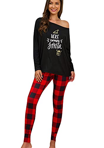 EFOFEI Damen Lang Nachtwäsche Hausanzug Langarm Sleepshirt Zweiteiliger Pyjama Weihnachten Schlafanzug Schwarz 5XL von EFOFEI