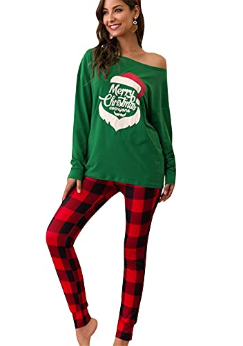 EFOFEI Damen Lang Winter Pyjama Set Zweiteiliger Sleepwear Langarm Nachtwäsche Lang Hausanzug Mit Karierte Hose Für Frauen Grün XL von EFOFEI