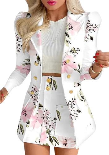 EFOFEI Damen Langarm Blazer und Rock Set Langarm Anzüge mit hoher Taille Set Business Anzug Kleid Set mit Taschen Weiße Blume L von EFOFEI