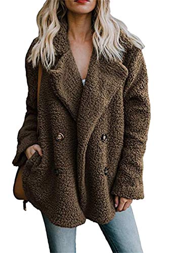 EFOFEI Damen Langarm Cardigan Outwear Einfarbiges Langes Dickes Teddy Plüschjacke Mit Tasche Braun 3XL von EFOFEI