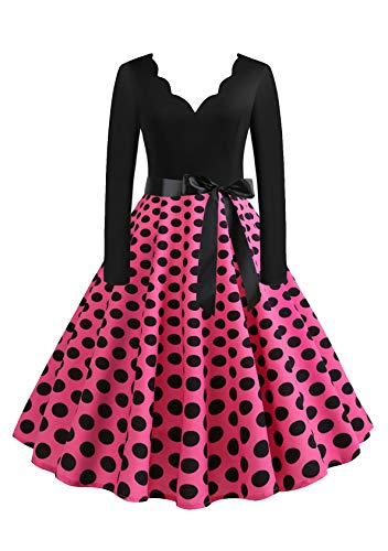 EFOFEI Damen Langarm Cocktailkleid mit Gürtel Brautjungfernkleid Petticoat Lange Kleid A-Linie Kleid Rosa XXL von EFOFEI