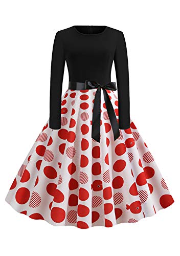 EFOFEI Damen Langarm Cocktailkleid mit Gürtel Lange Ärmel Ballkleid Hepburn Cocktailkleid Druck Abend Party Dress Weiß XXL von EFOFEI