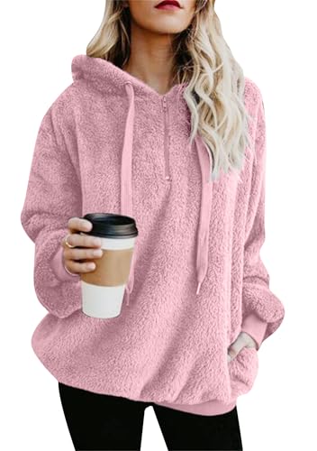 EFOFEI Damen Langarm Einfarbig Casual Sweatshirt Warm Weich Hoodie Mädchen Pullover Seitentasche Flauschig Teddy Fleece Winterpullover Rosa 5XL von EFOFEI