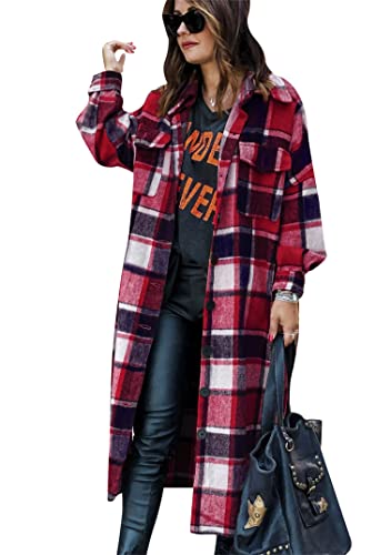 EFOFEI Damen Freizeitoutfit Mit Taschen Vintage Plaid Hemd Boyfriend Karo Tunika Schottenkaro Wintermantel Wollmischung Jacke Rot XL von EFOFEI
