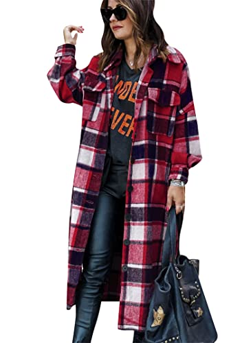 EFOFEI Damen Langarm Karierte Jacke Extralange Urban Style Hemdjacke Karierter Lang Mantel Herbst Winter Freizeit Karobluse Rot XL von EFOFEI