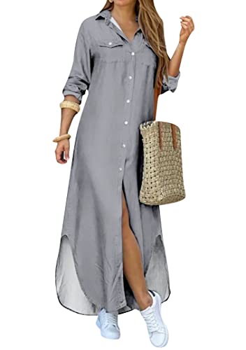 EFOFEI Damen Langarm Loses Kleid Turn Down Kragen Kleid Loose Fit Bluse Kleid Lässig Sommer Shirtdress Grau M von EFOFEI