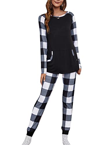 EFOFEI Damen Langarm Lounge Wear Sets Merry Christmas Pyjama Set Ultra Soft Top Checked PJs Bottoms Plaid Schwarz Weiß XS von EFOFEI
