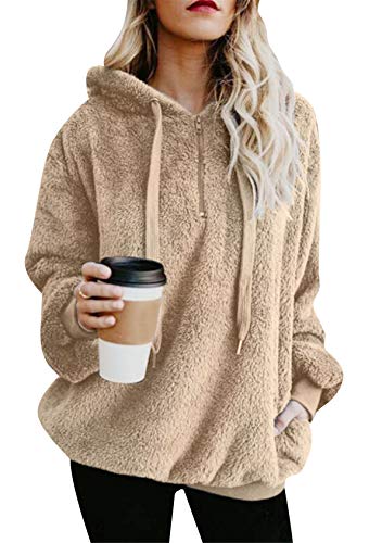 EFOFEI Damen Langarm Oversize Sweatshirt Mit Kapuzen Langarm Kapuzenpullover Oversize Hoodie Plüsch Kapuzenpullover Aprikose L von EFOFEI