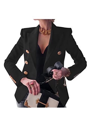 EFOFEI Damen Alltag Leichter Blazer Langarm Feste Farbe Blazer Revers Knopf Büro Jacken Schwarz XXS von EFOFEI