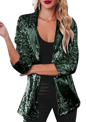 EFOFEI Damen Langarm Revers Jacke Glitzer Sparkly Klassischer Mantel Langarm Offene Front Strickjacke Dunkelgrün L von EFOFEI