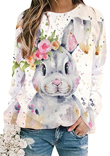 EFOFEI Damen Langarm Rundhalsausschnitt Top Sweatshirt Kaninchenmuster Sweatshirt Niedliches Kaninchen T-Shirt Tops Rosa Hase S von EFOFEI