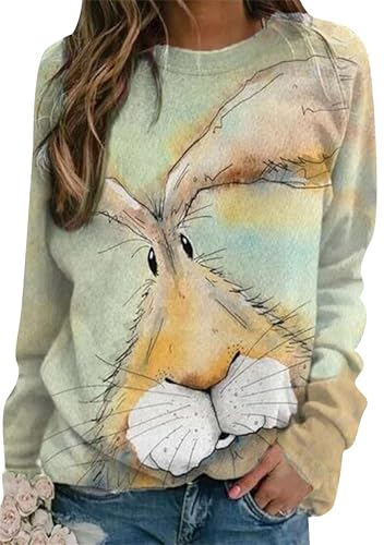 EFOFEI Damen Ostern Langarm Farbblock Shirt Ostern Rundhalsausschnitt Sweatshirt Ostern Niedliches Kaninchen Print T Shirt Hellgrün XL von EFOFEI