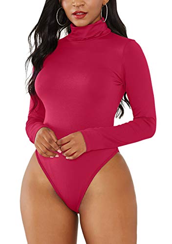 EFOFEI Damen Langarm Stretch Rollkragen Tanga Bodysuit Tops Rot L von EFOFEI