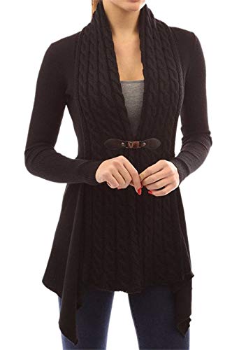 EFOFEI Damen Langarm Strickjacke Elegant Strick Mantel Open Front Sweater Cardigan mit Knopfleiste und Taschen Schwarz XXL von EFOFEI