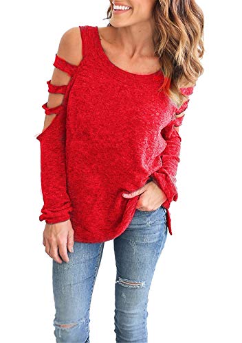 EFOFEI Damen Langarm-T-Shirts Kalte Schulter Plain Crossed Front Design Loose Fit Blusen Tops Red S von EFOFEI