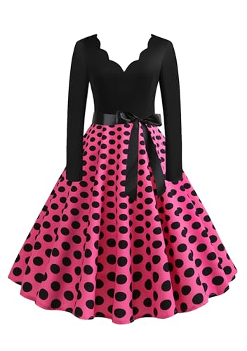 EFOFEI Damen A-Linie Rundhals Kleid Cocktail Partykleid Polka Dot Valentinstag Spitze Druck Abend Party Dress Rosa XL von EFOFEI