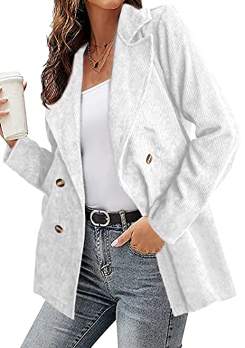 EFOFEI Damen Langarm Warme Winterjacke Langarm Sportlich Longblazer Blazer mit Umlegekragen Mittellange Anzugjacke Einreihige Cardigan Bluse Weiß S von EFOFEI