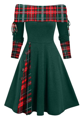 EFOFEI Damen Langarmkleider Plus Size Off The Shoulder Kleid Bedrucktes Tailliertes Patchwork Tunika Kleid Grün Rot L von EFOFEI
