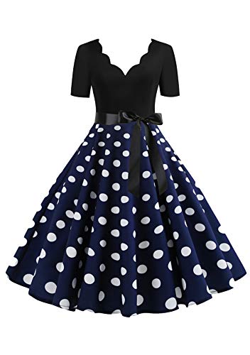 EFOFEI Damen Lange Ärmel Ballkleid Hepburn Cocktailkleid Petticoat Lange Ärmel Kleid Weihnachten Druck Partykleid Blau XXL von EFOFEI